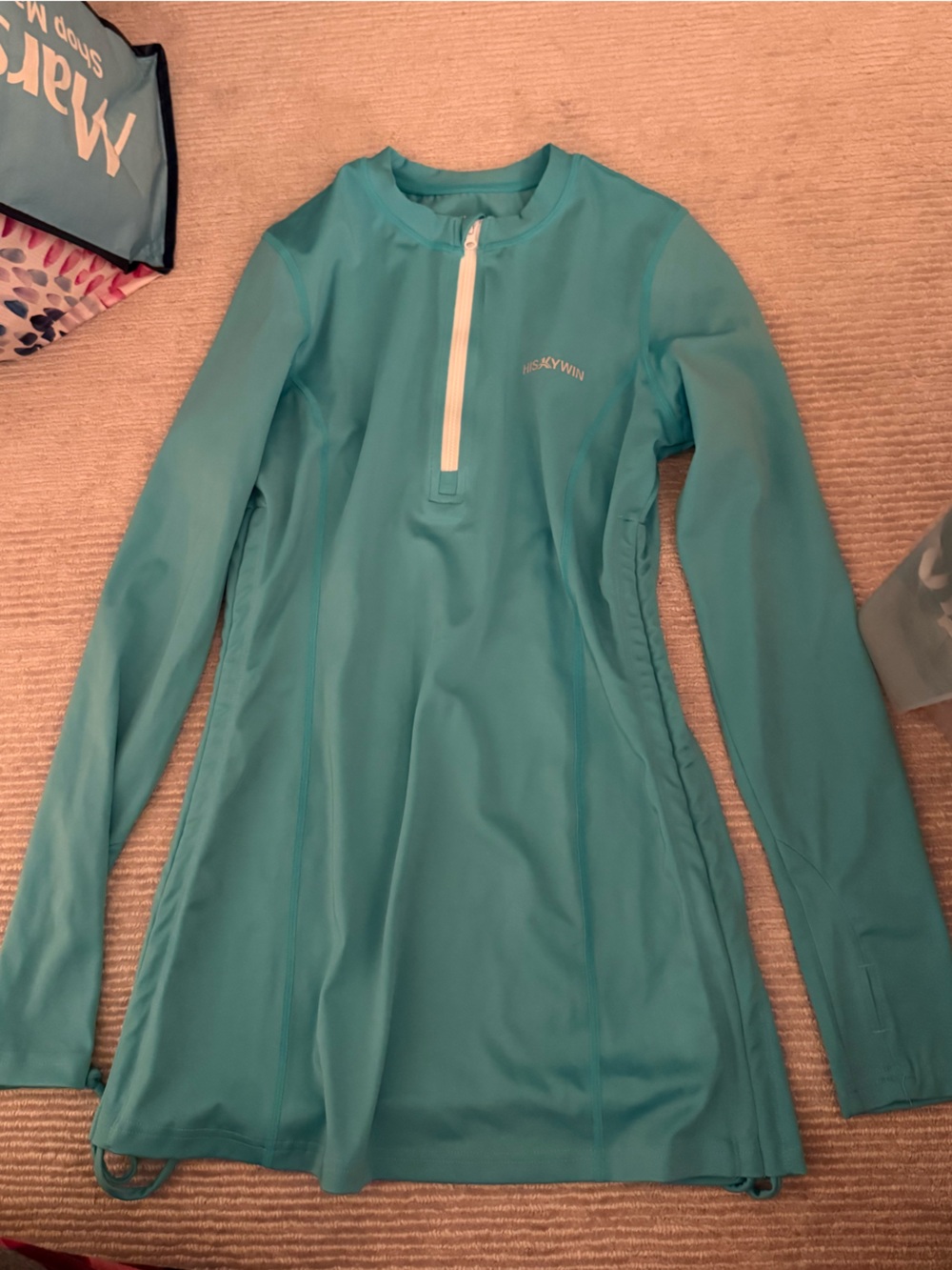 Teal Long-Sleeve Swim Tunic with White Zip